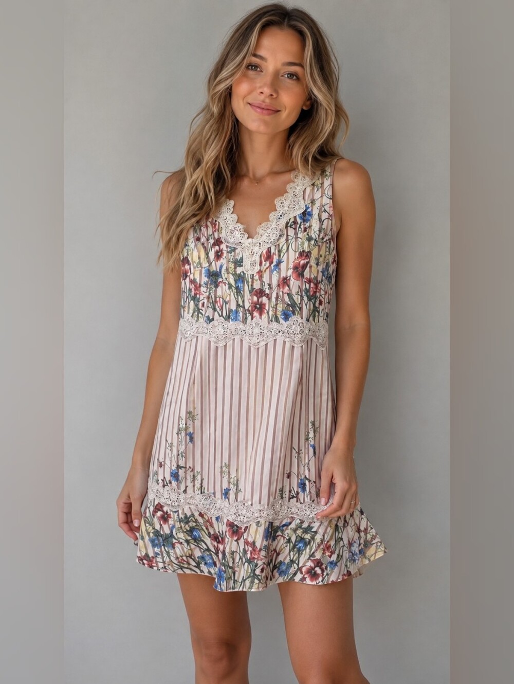 Foxiedox Anthropologie Floral Sheer Stripe Lace Trim Sleeveless Dress Size M